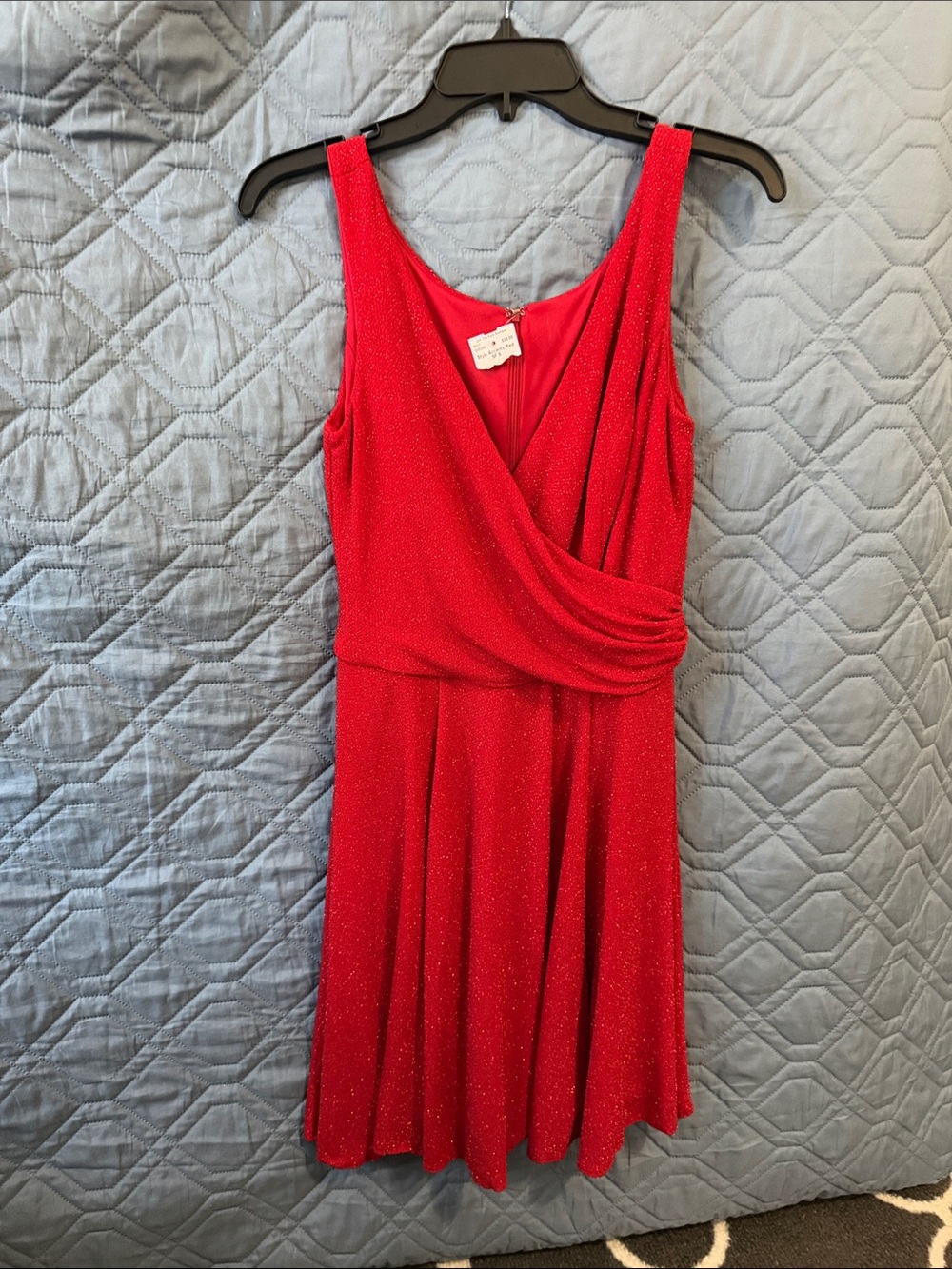 Sleeveless Red Glitter Faux-Wrap Midi Dress